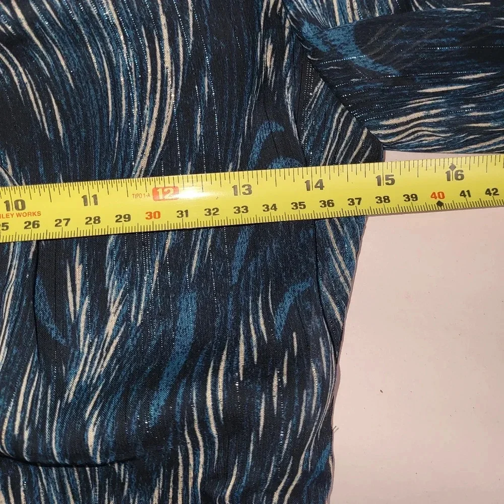 WHISTLES Blue‎ Wave Ruched Dress Size 4 Teal Black Long Sleeve Metallic Glam